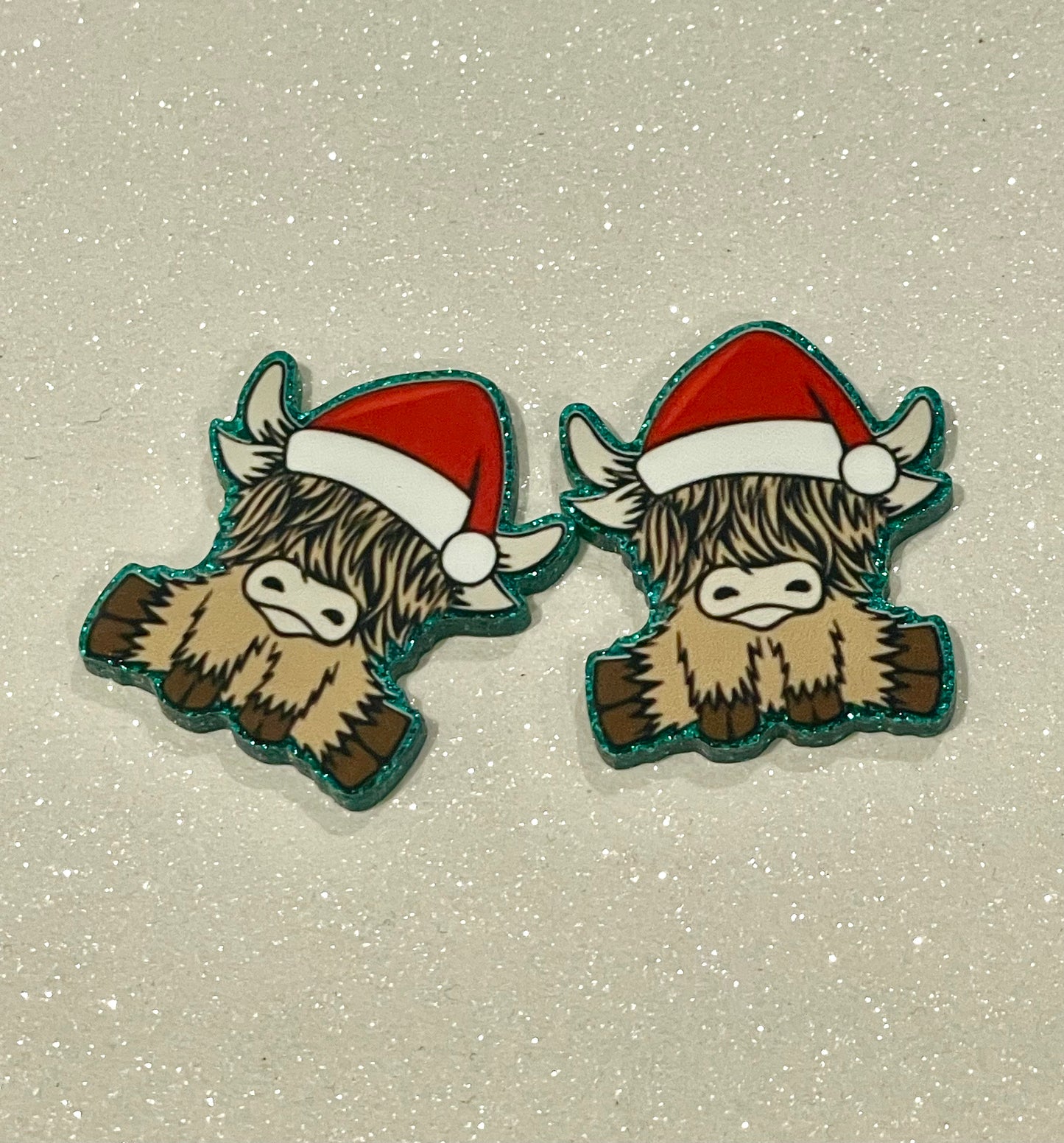 Resin Flatback Planar (Green Glitters) E0819 - Xmas Highland Cow (2 Sizes Available)