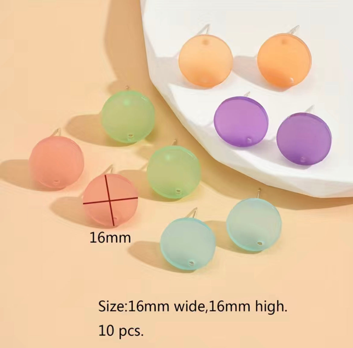 Earring Topper Colourful Round Acrylic Orange-Purple-Green-Blue-Pink 5-Pairs(10ea/pack)