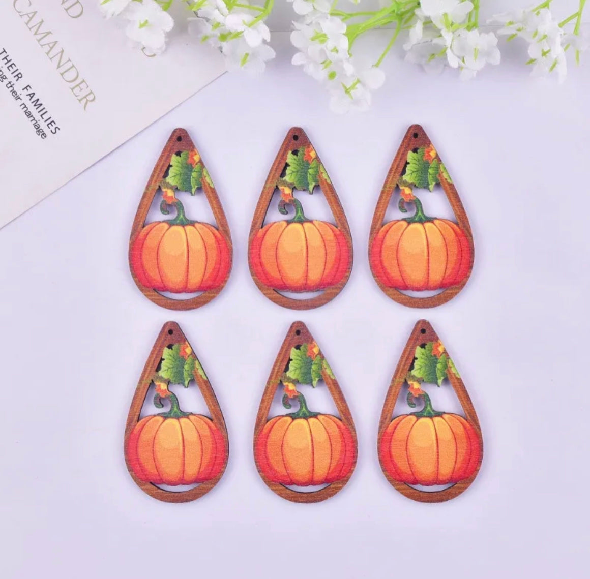 E0111 Halloween Water Drop Pumpkin Wooden Charm / Pendant