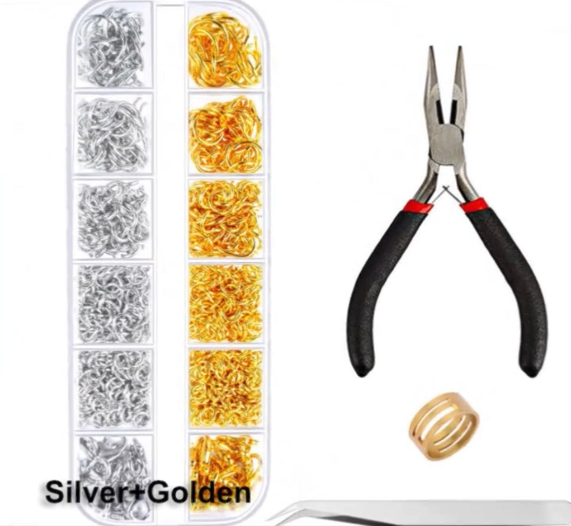Essential DIY Jewelry Crafting Findings Starter Kit - Open Jump Ring + Lobster Clasps + 1 Brass Ring + 1 Tweezer + 1 Plier