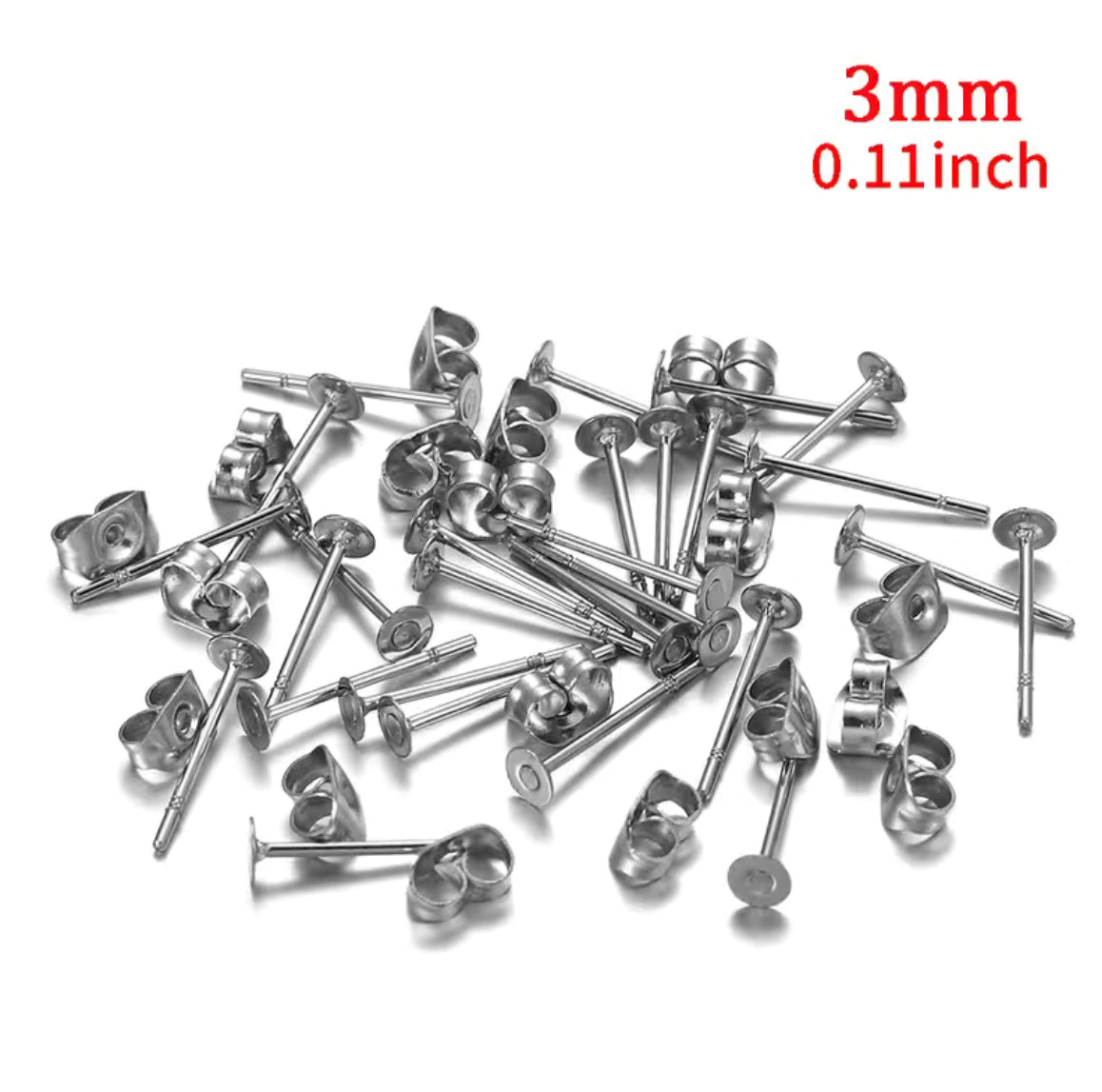 Earring Findings - Stainless Steel Silver Blank Post Earring Studs Base Pin with Plug (100ea/pack)