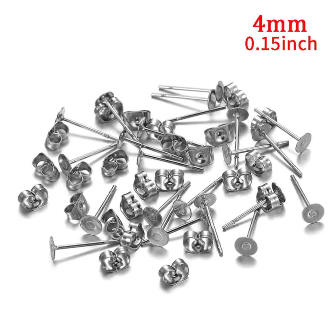 Earring Findings - Stainless Steel Silver Blank Post Earring Studs Base Pin with Plug (100ea/pack)
