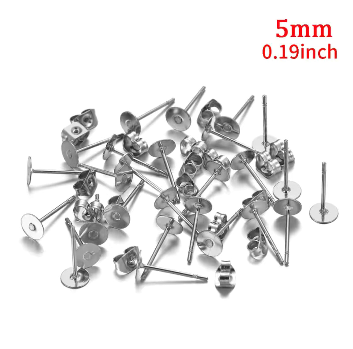 Earring Findings - Stainless Steel Silver Blank Post Earring Studs Base Pin with Plug (100ea/pack)