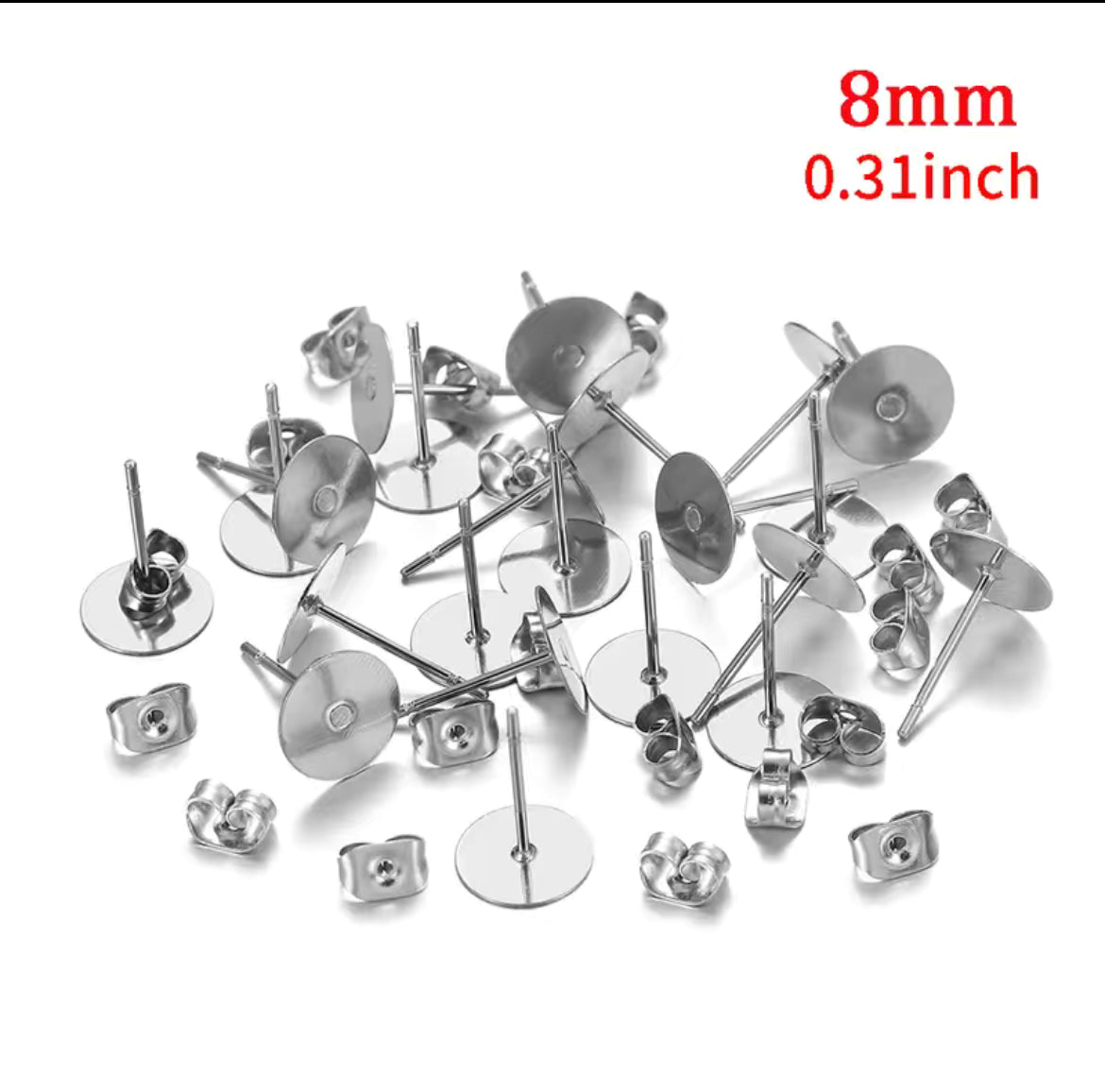 Earring Findings - Stainless Steel Silver Blank Post Earring Studs Base Pin with Plug (100ea/pack)