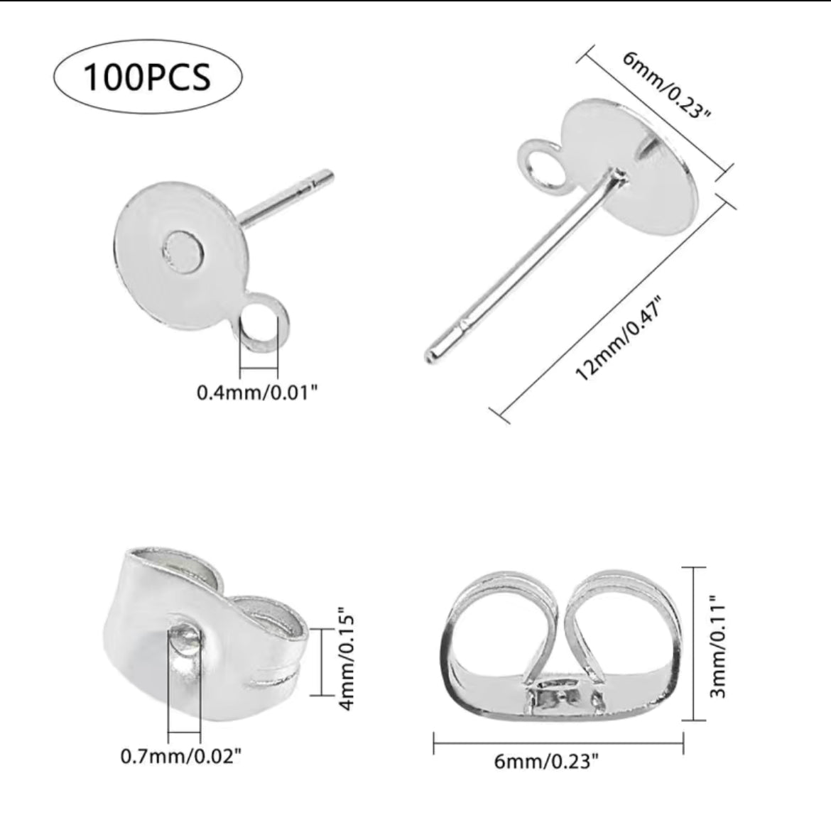 Earring Findings - A Box of Stainless Steel Stud  (100pcs) and Nuts (100pcs)