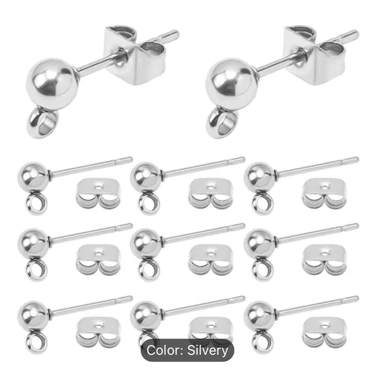 Earring Findings - A Box of Stainless Steel Stud With Loop (100pcs) and Nuts (100pcs)