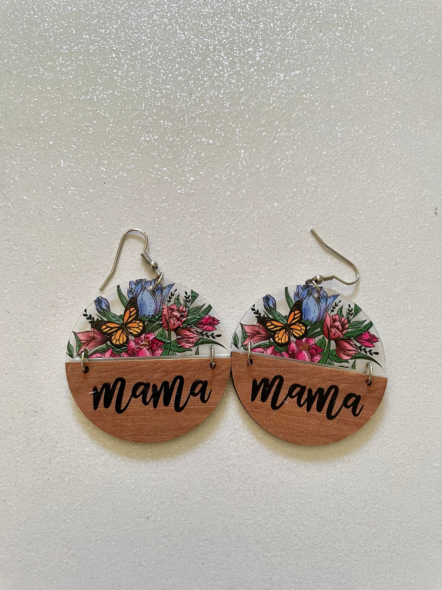 E0583 Mama Theme Wooden-Acrylic Flora Dangle Earring (1 pair)