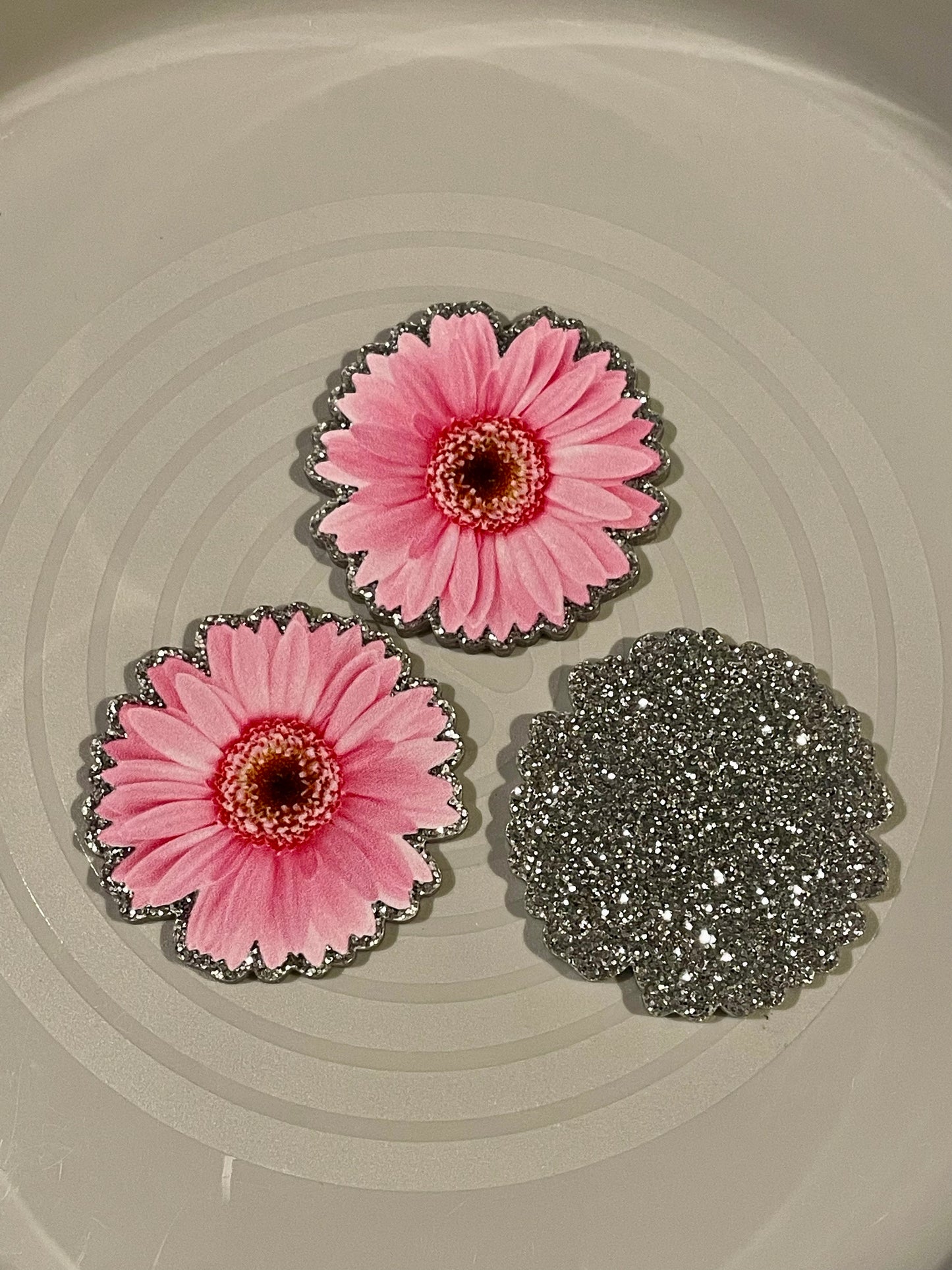 Resin Flatback Planar (Silver Glitters) E0731 - Pink Flower (2 Sizes Available)