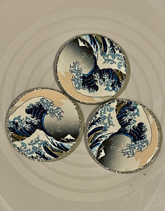 Resin Flatback Planar (Silver Glitters) E0738 - The Great Wave Of Kanagawa