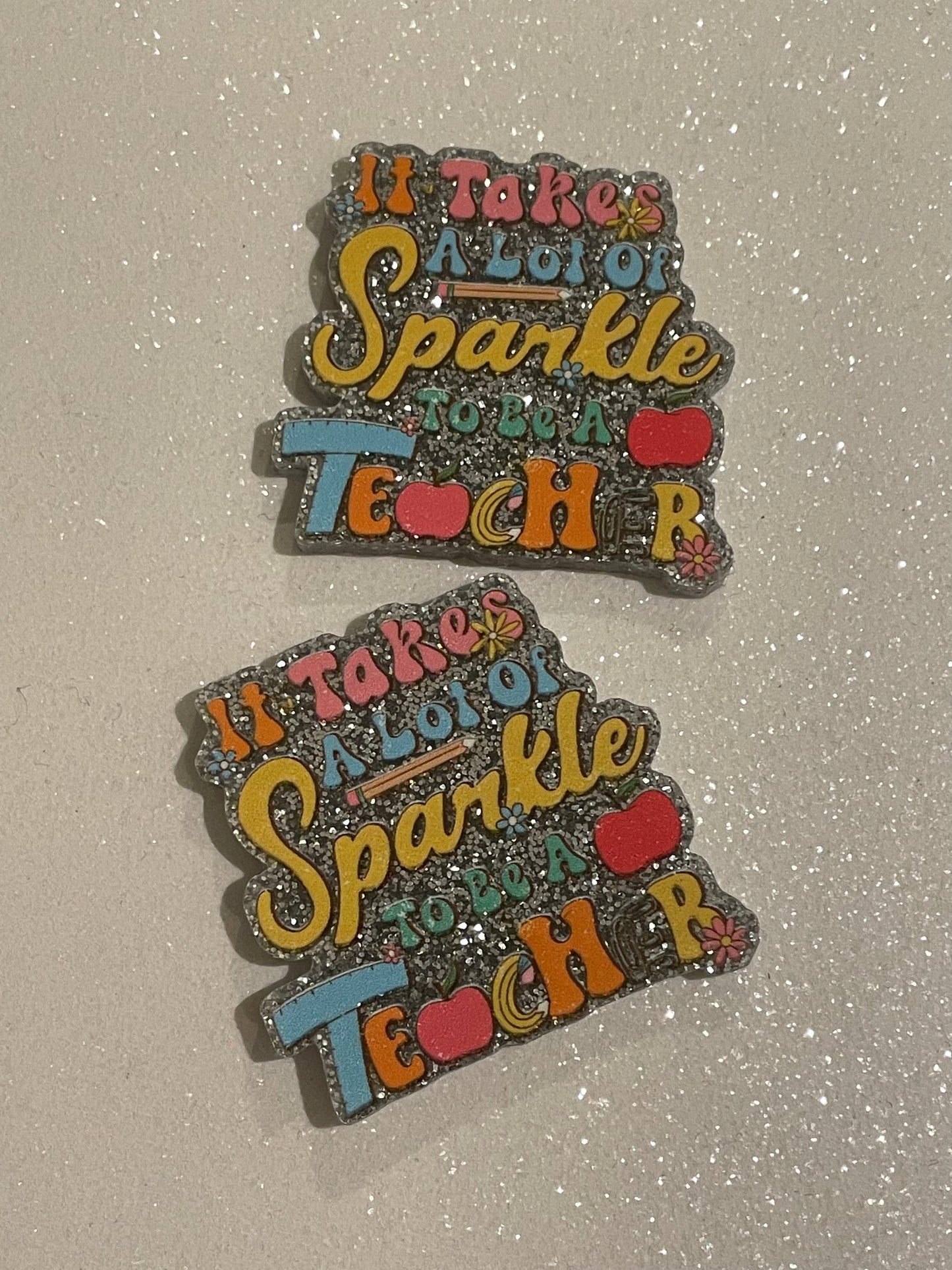 Resin Flatback Planar  (Silver Glitters) E0793  - Schools / Teachers (2 Sizes Available)