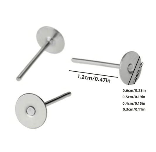 Earring Findings - Stainless Steel Blank Post Earring Studs Base Pin with Plug (50ea/pack)