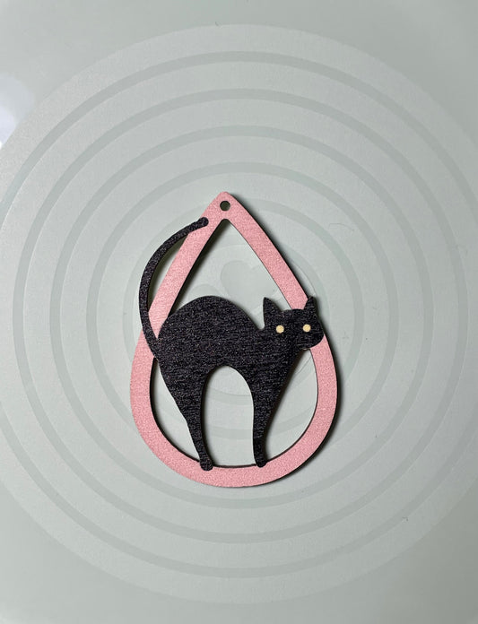 Halloween Water Drop Black Cat Pink Wooden Charm / Pendant