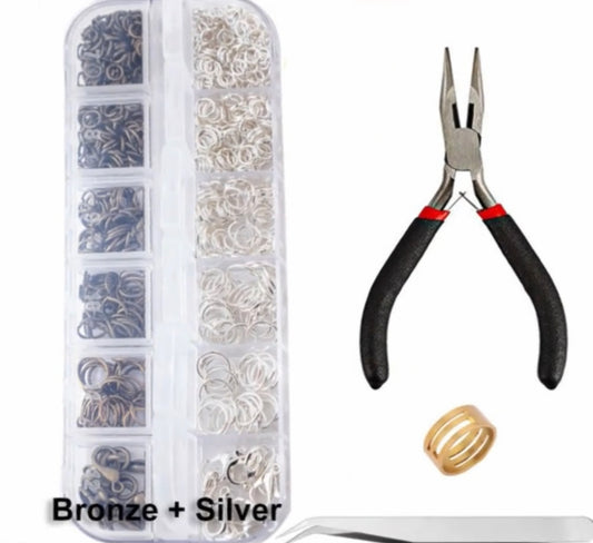 Essential DIY Jewelry Crafting Findings Starter Kit - Open Jump Ring + Lobster Clasps + 1 Brass Ring + 1 Tweezer + 1 Plier