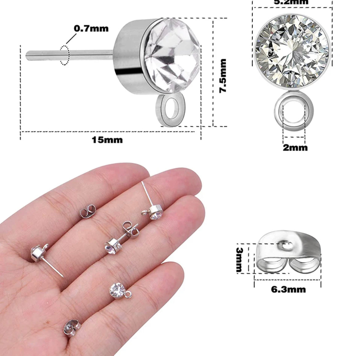 Earring Findings - Rhinestone Earring Stud With Loop and Earring Back (1 pair/pack)